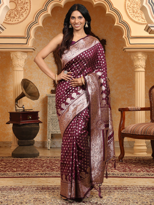 Purple Banarasi Silk Saree With Blouse Piece