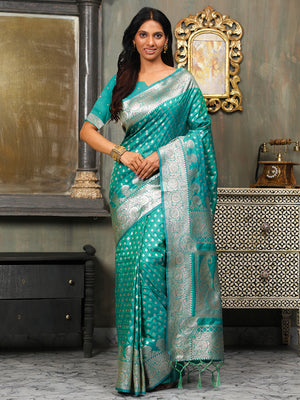 Sea Green Banarasi Silk Saree With Blouse Piece