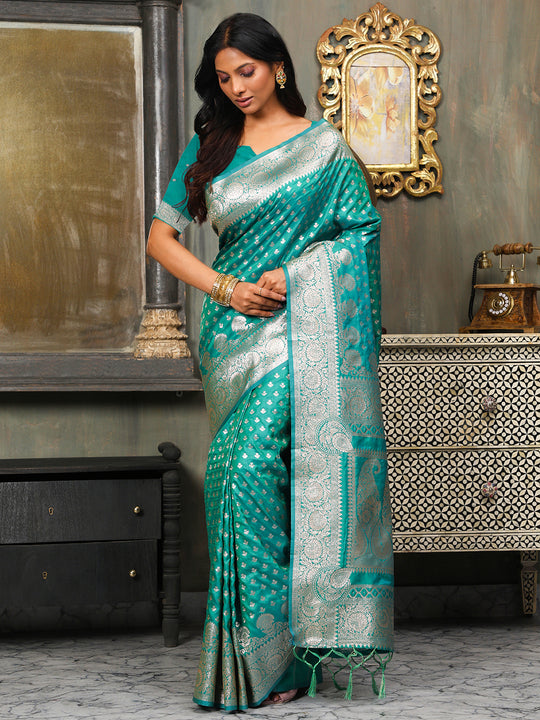 Sea Green Banarasi Silk Saree With Blouse Piece