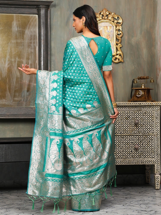 Sea Green Banarasi Silk Saree With Blouse Piece