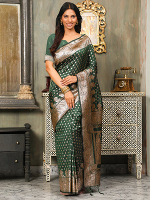 Dark Green Banarasi Silk Saree With Blouse Piece