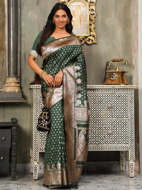 Dark Green Banarasi Silk Saree With Blouse Piece