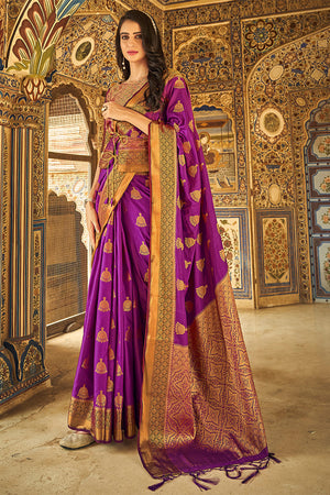 Womens Dola Silk Violet Saree With Blouse Piece