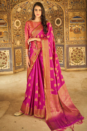 Womens Dola Silk Pink Saree With Blouse Piece