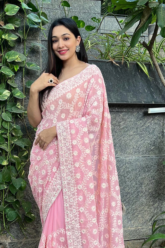 Pink Georgette Saree with Pink Blouse Piece
