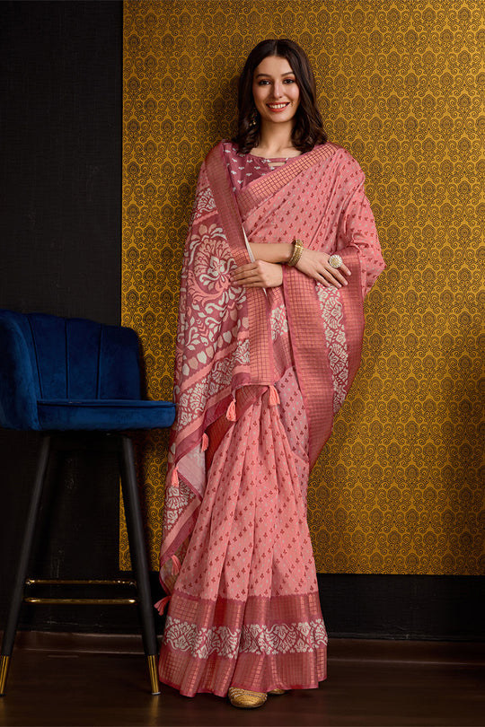 Peach Silk Saree With Blouse Piece