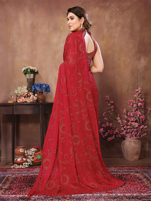 Red Satin Silk Saree With Blouse Piece