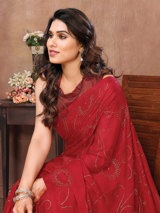 Red Satin Silk Saree With Blouse Piece