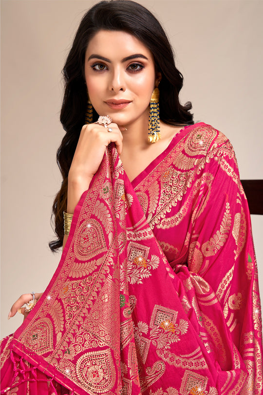Pink Banarasi Silk Saree With Blouse Piece