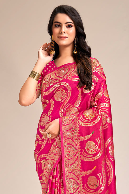Pink Banarasi Silk Saree With Blouse Piece