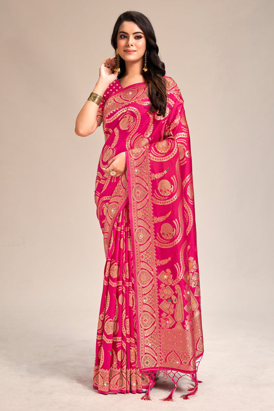 Pink Banarasi Silk Saree With Blouse Piece