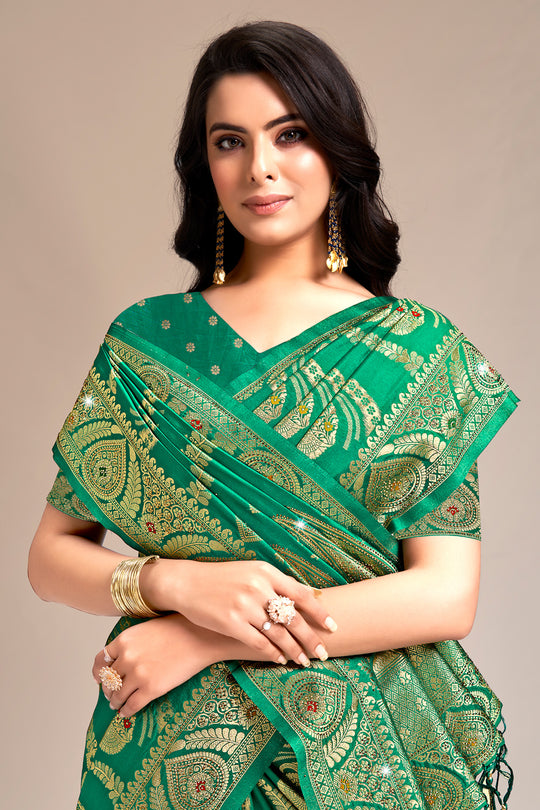 Green Banarasi Silk Saree With Blouse Piece