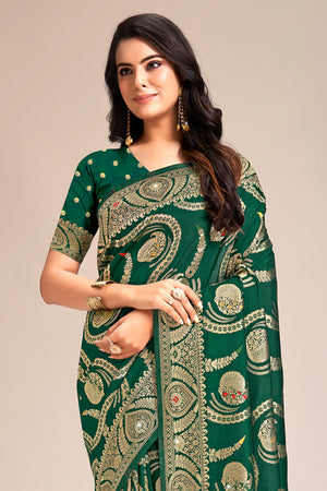 Green Banarasi Silk Saree With Blouse Piece