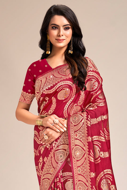 Red Banarasi Silk Saree With Blouse Piece