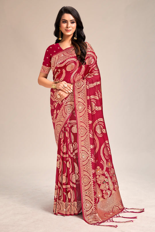 Red Banarasi Silk Saree With Blouse Piece