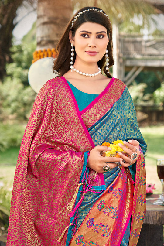 Sky Blue Banarasi Silk Saree With Blouse Piece