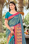 Sky Blue Banarasi Silk Saree With Blouse Piece