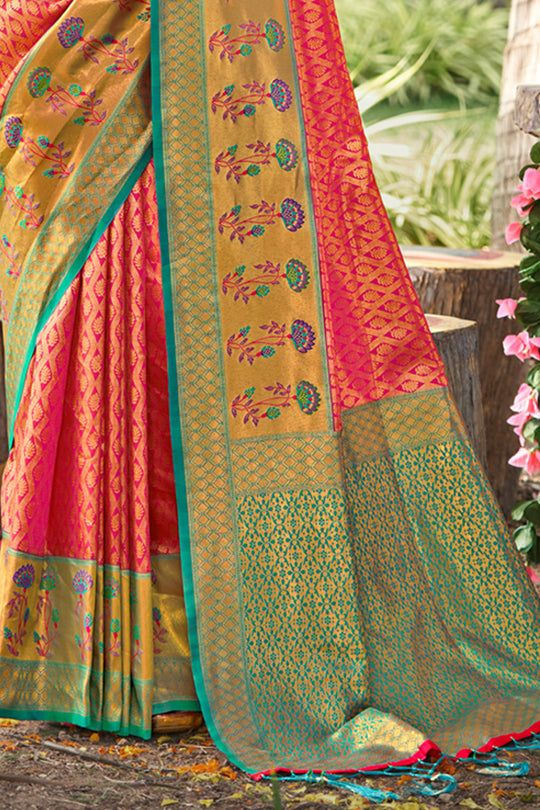 Pink Banarasi Silk Saree With Blouse Piece