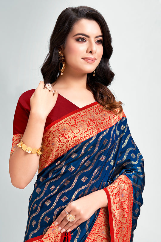 Navy Blue Silk Saree With Blouse Piece