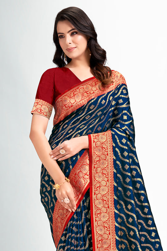 Navy Blue Silk Saree With Blouse Piece