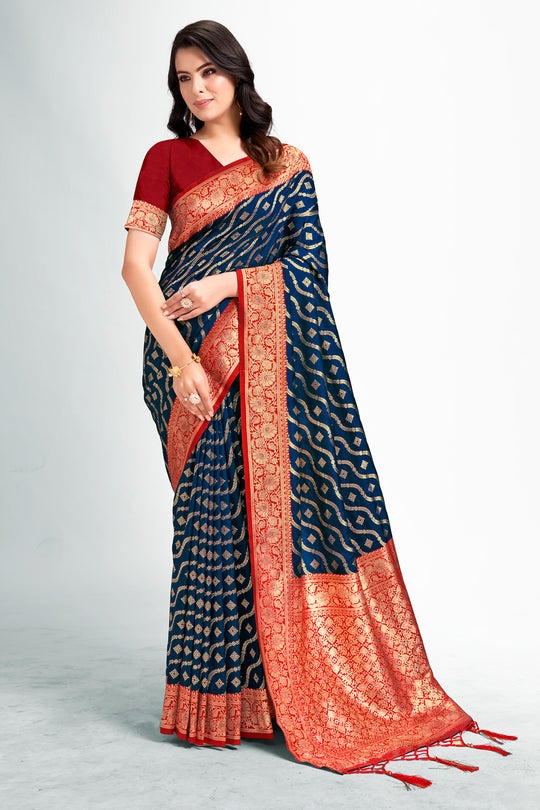 Navy Blue Silk Saree With Blouse Piece