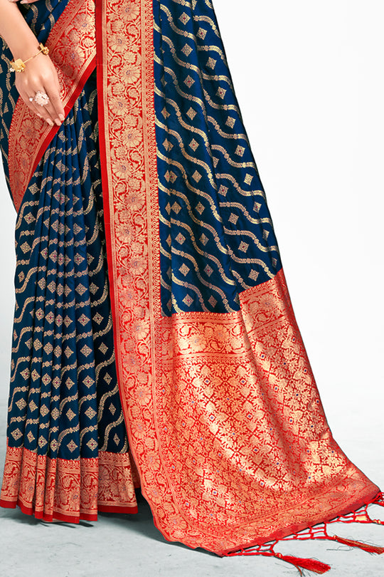 Navy Blue Silk Saree With Blouse Piece