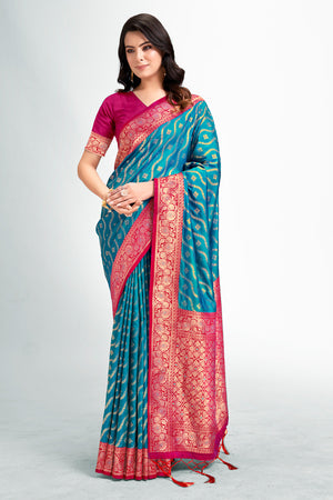 Sky Blue Silk Saree With Blouse Piece