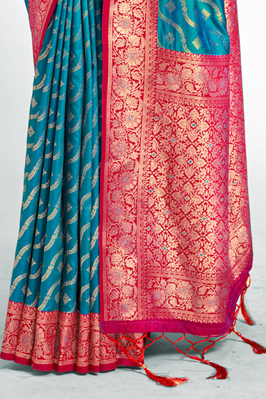 Sky Blue Silk Saree With Blouse Piece