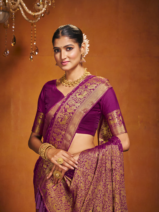 Chinon Party Wear Saree With Blouse Piece