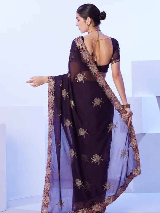 Wine Embellished Pure Chiffon Saree