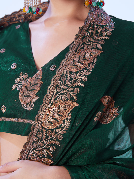 Green Embroidered Pure Chiffon Heavy Work Saree