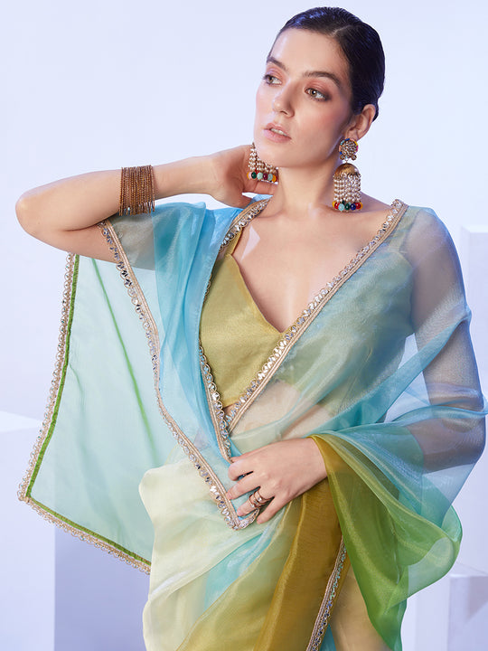 Multicolor Ombre Mirror Work Organza Saree