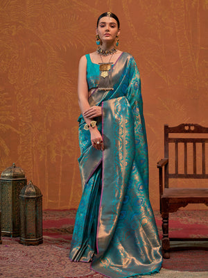 Sea-Blue Handloom Weaving Silk Saree With Blouse Piece