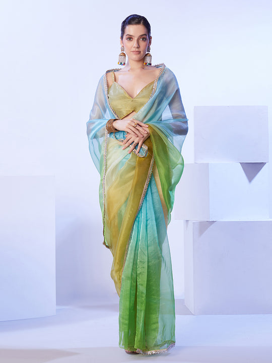 Multicolor Ombre Mirror Work Organza Saree