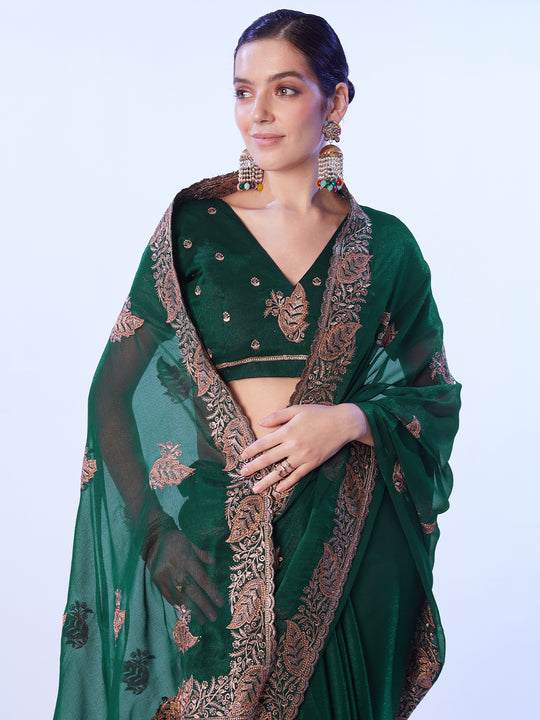 Green Embroidered Pure Chiffon Heavy Work Saree
