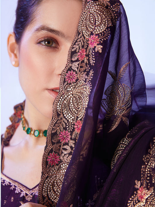 Wine Embellished Pure Chiffon Saree