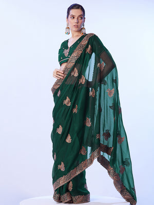Green Embroidered Pure Chiffon Heavy Work Saree
