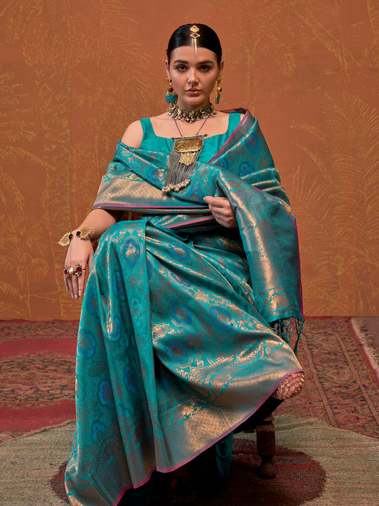 Sea-Blue Handloom Weaving Silk Saree With Blouse Piece