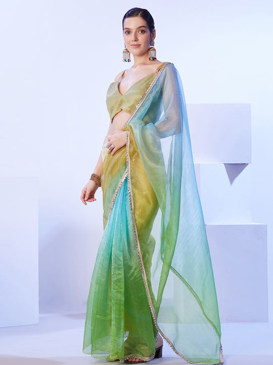 Multicolor Ombre Mirror Work Organza Saree