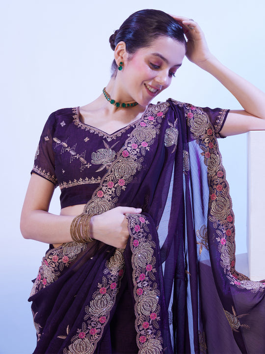 Wine Embellished Pure Chiffon Saree