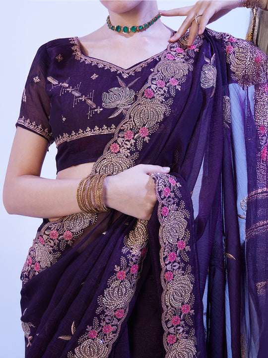 Wine Embellished Pure Chiffon Saree