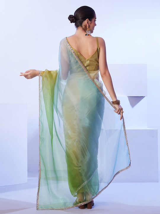 Multicolor Ombre Mirror Work Organza Saree