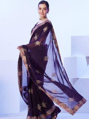 Wine Embellished Pure Chiffon Saree
