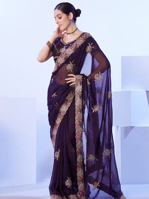 Wine Embellished Pure Chiffon Saree
