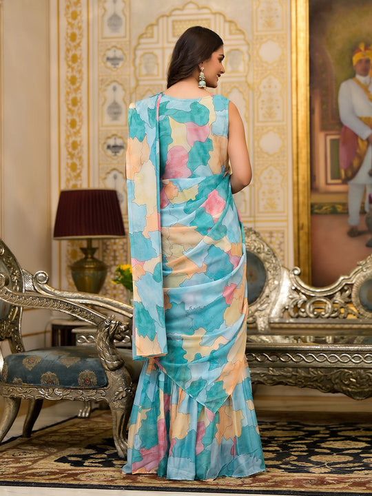 Sky Blue Georgette Ready Made Saree