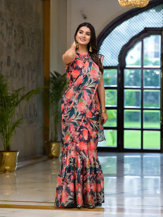 Peach Georgette Ready Made Saree