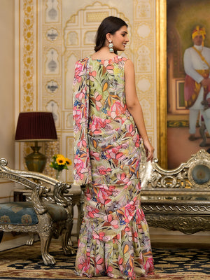 Green Georgette Ready Made Saree