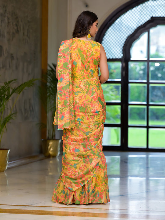 Yellow Georgette Ready Made Saree