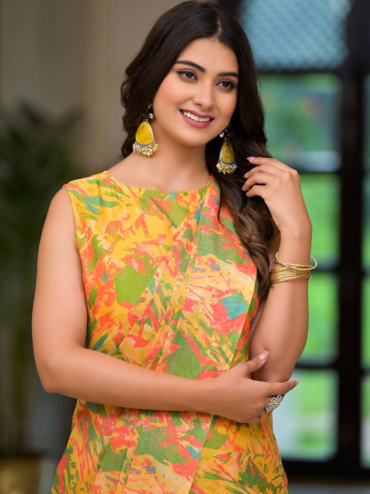 Yellow Georgette Ready Made Saree