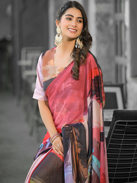 Red Georgette Ready To Wear Saree